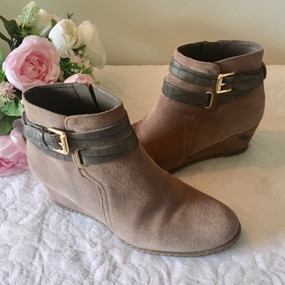 Franco Sarto Suede Buckle Wedge Boots